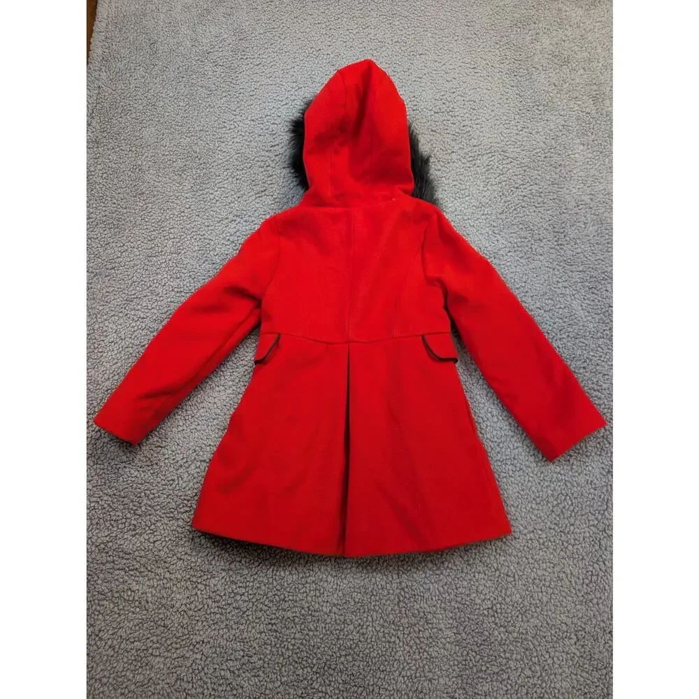 Cat & Jack Girls Size XS 4/5 Red Coat W/ Detachable Faux Fur Hood (1139)
